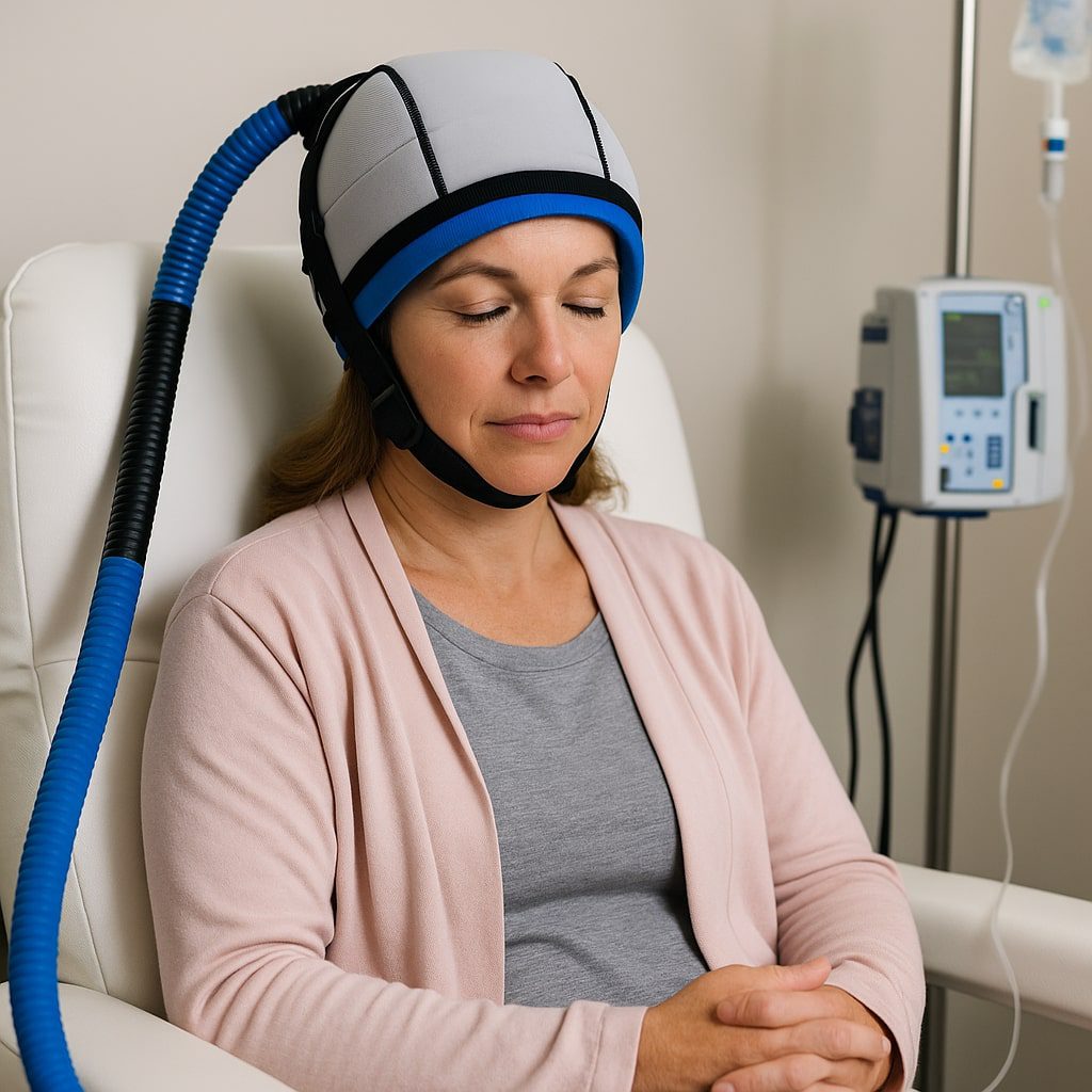 Woman wearing a gray and blue cold cap during chemotherapy, sitting calmly in a medical chair to prevent hair loss