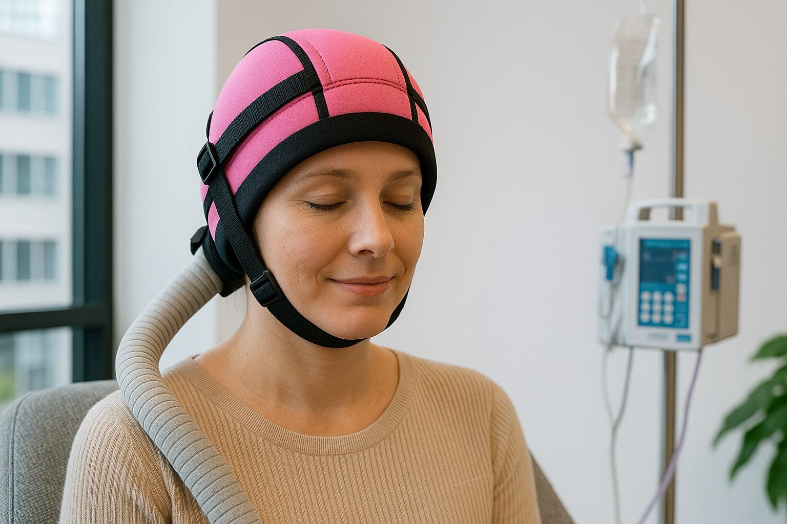 Woman wearing a pink cold cap during chemotherapy in a medical clinic to reduce hair loss